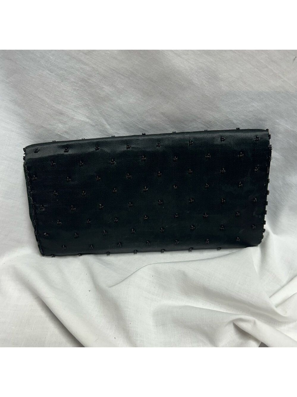 Nice Vintage Art Deco Clutch Black Beaded Sequin Satin Made In Hong Kong - Picture 2 of 9